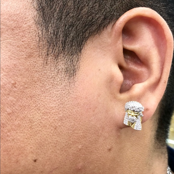Sterling Silver ICED OUT JESUS FACE STUD EARRINGS - Picture 4 of 7